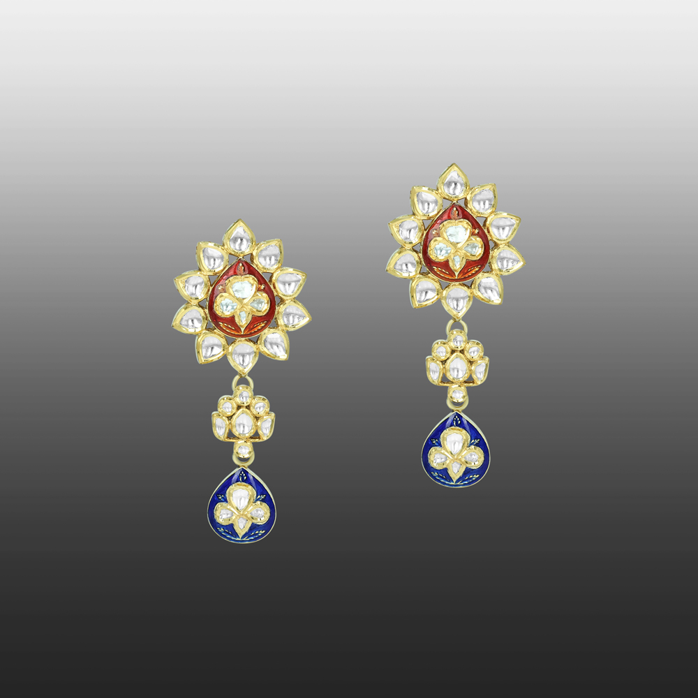 Floral Polki Earrings with Red and Blue Enamel